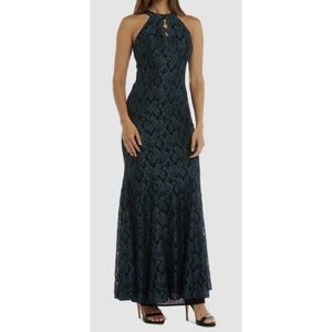 R&M Richards Green Glitter Lace Halter Mermaid Gown Dress‎ 12 Tall Formal Prom